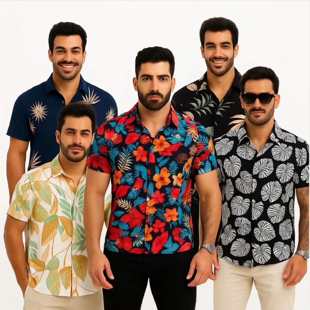 Camisa estampada aberta combinada com shorts neutros, tendência de moda masculina para o Carnaval 2026 em eventos diurnos e noturnos.