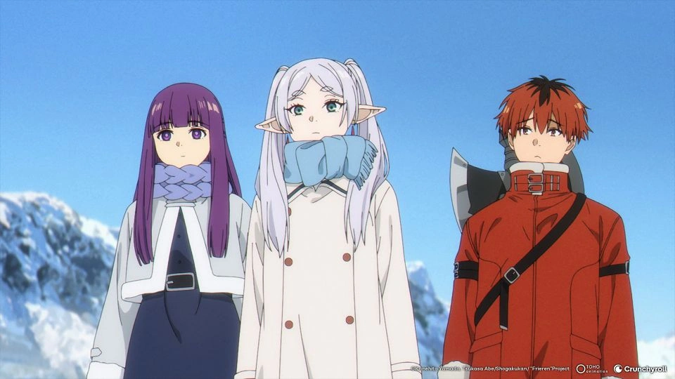 Frieren, Fern e Stark caminhando na neve durante sua jornada para o Norte na segunda temporada de Frieren: Beyond Journey's End