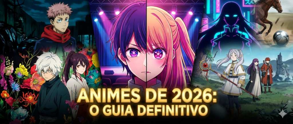 Banner principal com colagem dos animes de 2026: Jujutsu Kaisen Season 3, Hell's Paradise, Oshi no Ko, Frieren e Cosmic Princess Kaguya com o título O Guia Definitivo