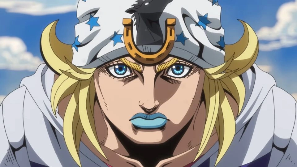 Johnny Joestar e Gyro Zeppeli cavalgando juntos no deserto na imagem oficial do anime Steel Ball Run (JoJo Parte 7) da Netflix.