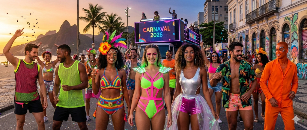Tendências de moda para o Carnaval 2026 com looks femininos e masculinos coloridos, modernos e alinhados às novas expressões culturais do carnaval brasileiro.