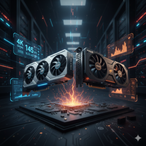 Comparativo visual de duas GPUs modernas de alta performance em um ambiente futurista, ilustrando as melhores placas de vídeo para upgrade em 2026 com elementos de hardware e benchmarks ao fundo.