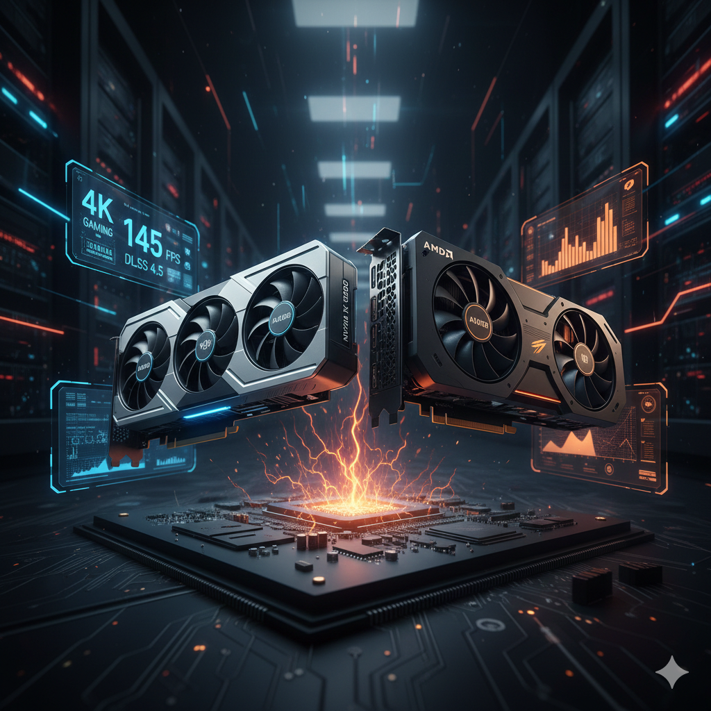 Comparativo visual de duas GPUs modernas de alta performance em um ambiente futurista, ilustrando as melhores placas de vídeo para upgrade em 2026 com elementos de hardware e benchmarks ao fundo.